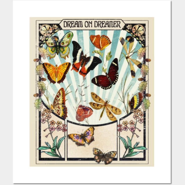 Bohemian Boho Hippie Butterflies Art Nouveau Vintage - Dream On Dreamer Wall Art by Sassee Designs